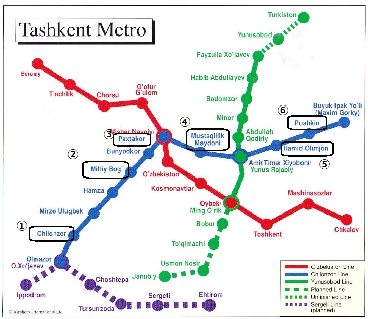 メトロ路線地図(Chilonzor線) 地図上、青色の路線 メトロ路線地図(Chilonzor線)
